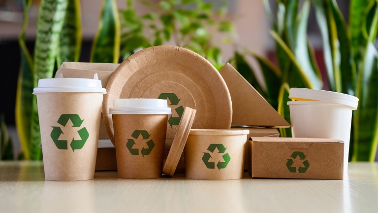 Paper eco-friendly disposable tableware with recycling signs on the background of green plants. The concept of using biodegradable materials.